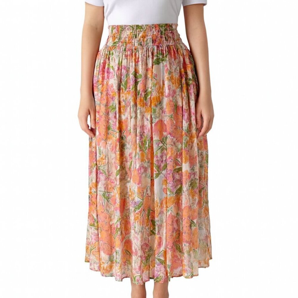 Buru Floral Maxi Skirt XS Smocked Waist Multicolor Lined Long Skirt